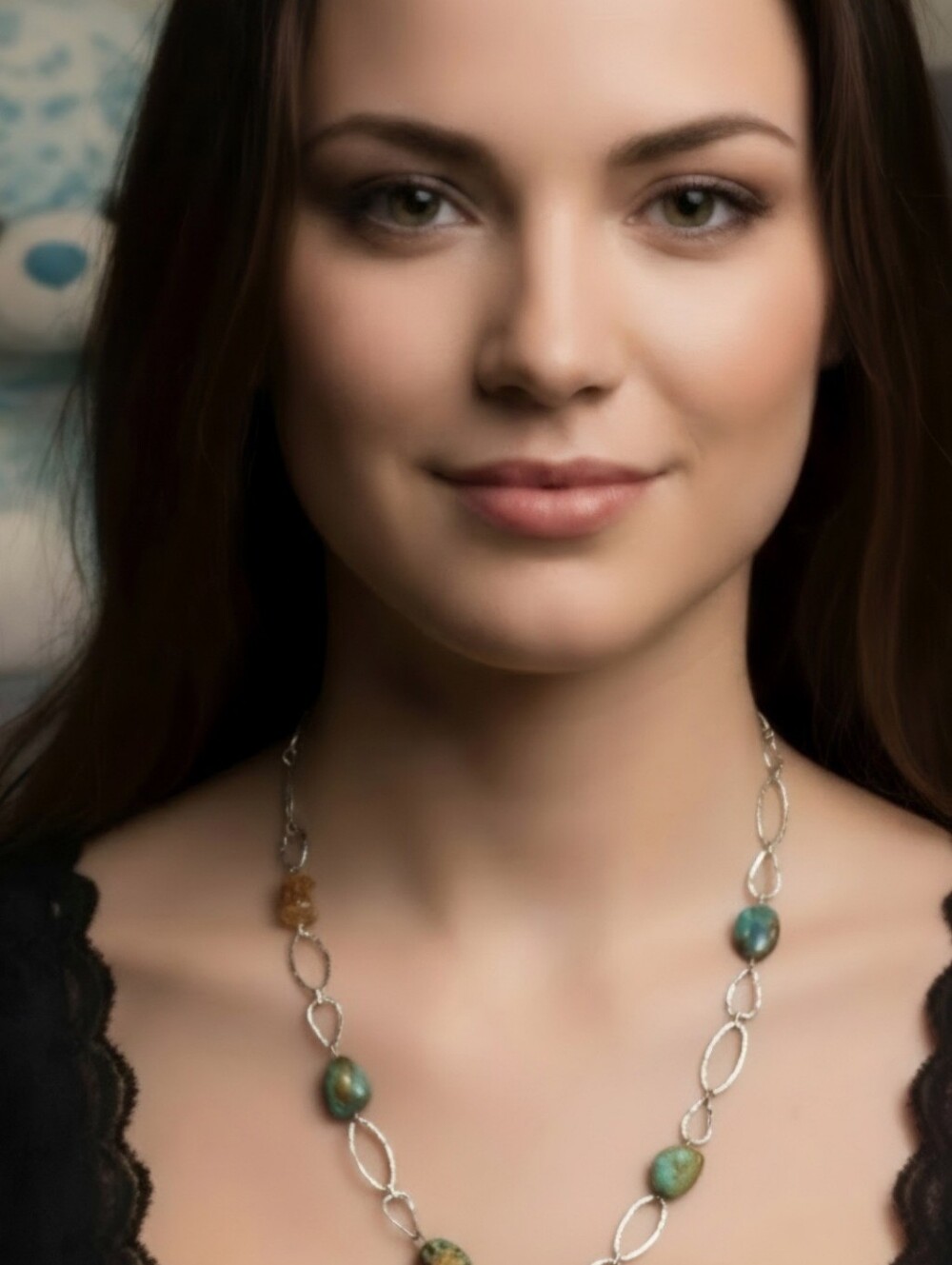 Silpada 925,Silver Link Necklace with Green Turquoise and Amber Beads